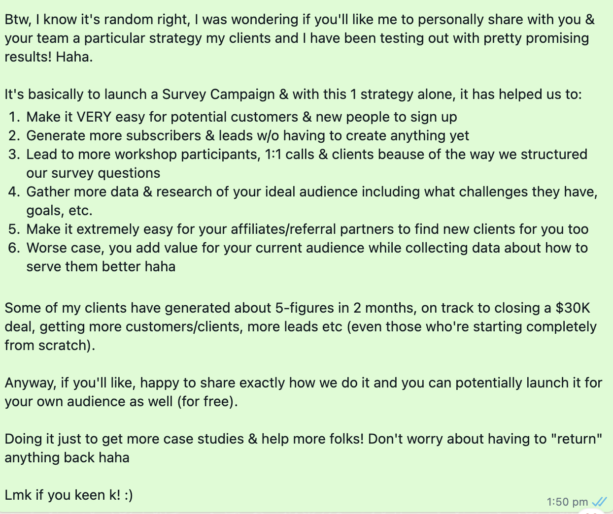 Screenshot example one of a real Present Your JV Idea message.