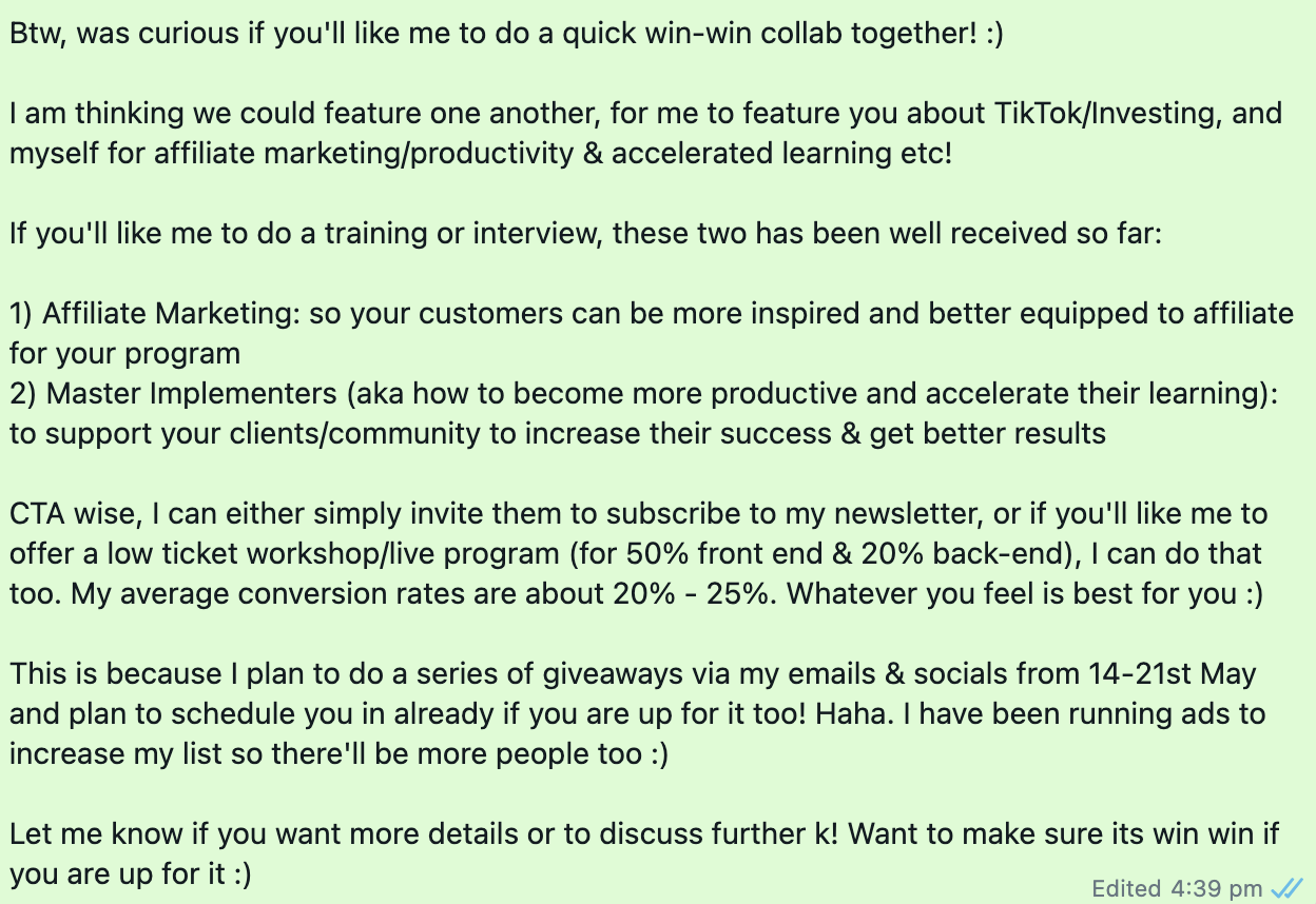 Screenshot example two of a real Present Your JV Idea message.