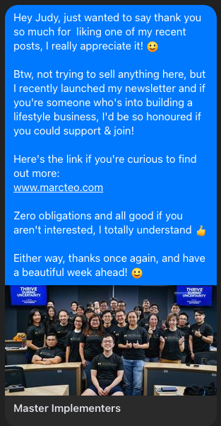 Screenshot of Marc's message thanking a group member named Judy for liking his post, with a low-pressure invitation to join his newsletter.