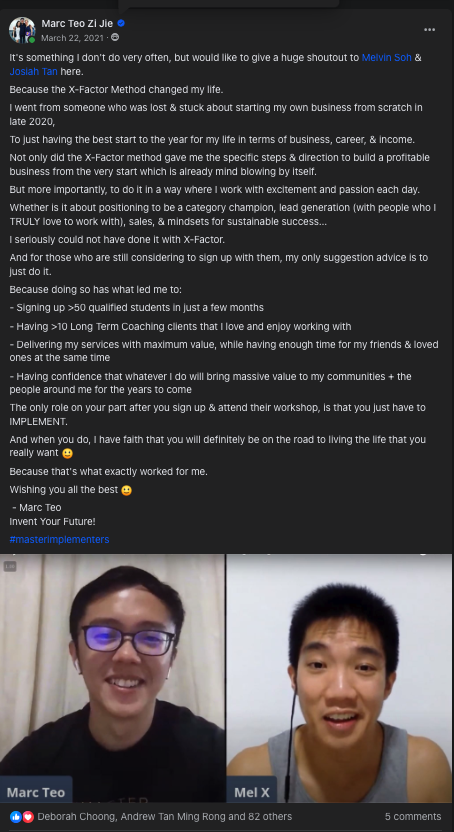 Marc's 2021 Facebook post in his mastermind group, thanking his mentors and sharing his results after joining the program.