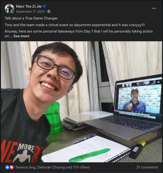 Marc's September 2020 Facebook post sharing his personal takeaways from Day 1 of Tony Robbins' virtual UPW event.