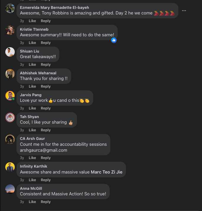 Comments on Marc's UPW post, with people thanking him for the summary and asking to join his accountability session.
