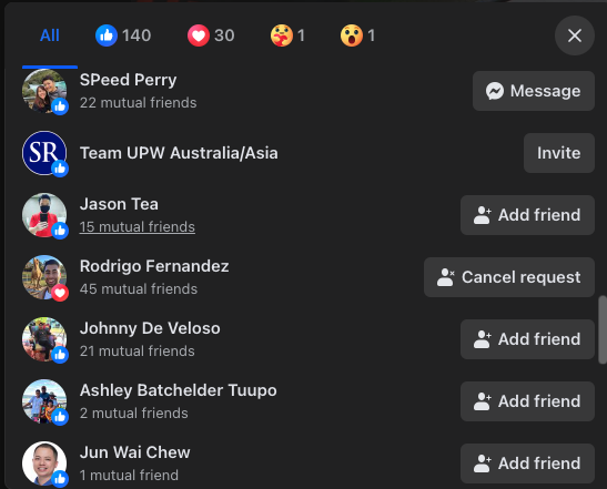 New friend requests Marc received after his UPW posts, alongside 140 likes and 30 loves on the post.