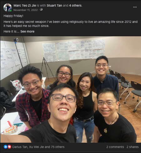 Marc's November 2022 Facebook post with Stuart Tan and others, sharing a lesson he uses to live a better life.