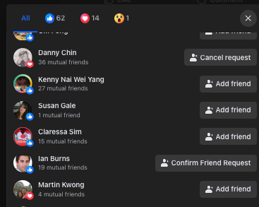 New friend requests Marc received after his post with Stuart, alongside 62 likes and 14 loves on the post.